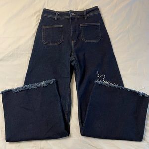 Wide Leg Frayed Hem Jeans - Dark Indigo